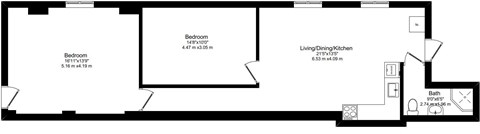 Floor plan for 2 beds, 1 bath, 730 sqft